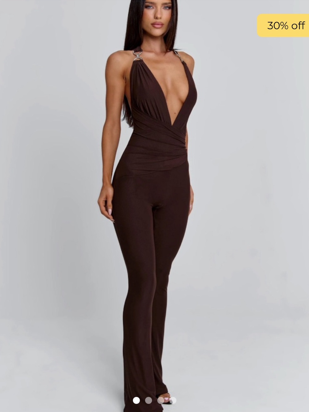 Plunge V-Neck Brown Jumpsuit with Ring-Strap Detail